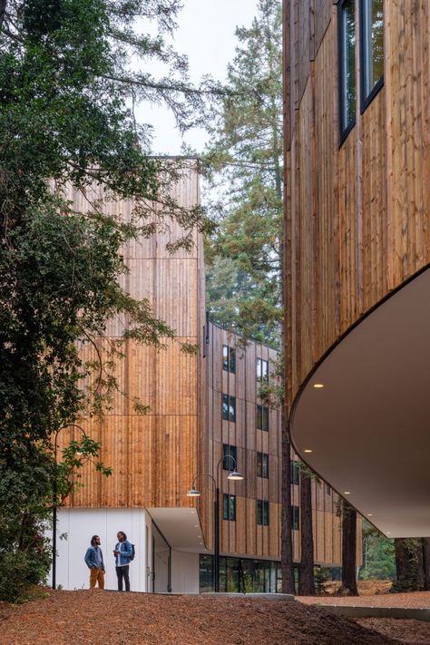 The residential buildings have a bow-form to preserve pre-existing trees. William Turnbull, Charles Moore, Uc Santa Cruz, Dallas Apartment, California College, Urban Heat Island, Growth Spurt, Timber Walls, Timber Buildings