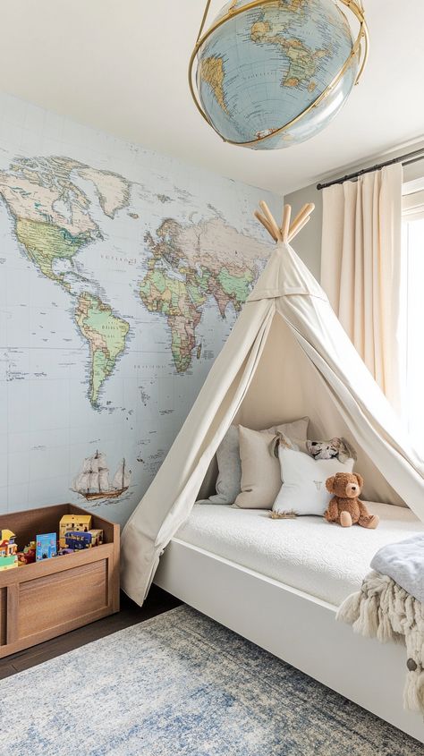 Embark on adventures in this Sagittarius-inspired kid's room! 🌍✨ Explore a world map mural, sleep under the stars with a cozy tent bed, and light up curiosity with globe fixtures. 🏕️ Organize travel treasures with stylish, wanderlust-filled toy storage. 🌟 perfect for your little explorer! World Map Bedroom, Explorer Bedroom, Cozy Tent, Travel Themed Bedroom, Map Mural, Adventure Room, World Map Mural, Travel Bedroom, Sleep Under The Stars