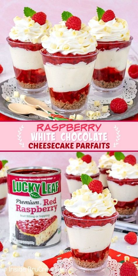 Raspberry Parfait Desserts, Raspberry White Chocolate Cheesecake, Cheesecake Raspberry, Raspberry Pie Filling, Shower Foods, Cookies And Cream Cheesecake, Dreamy Desserts, Mason Jar Desserts, Dessert Cups Recipes