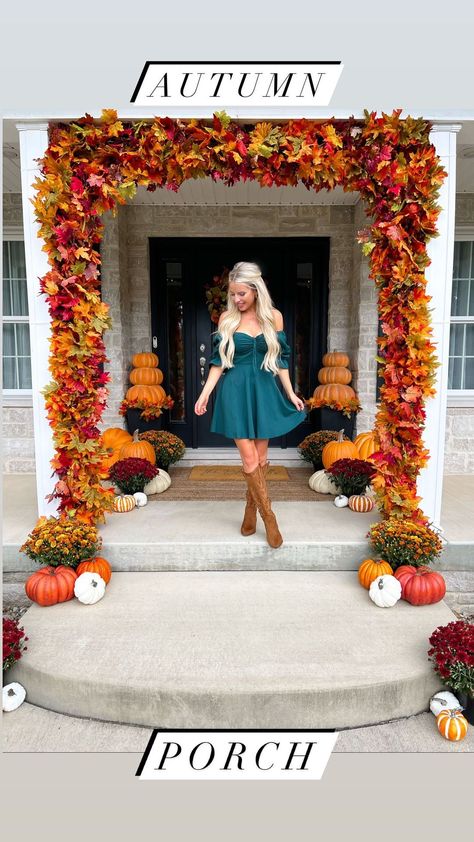 Step-by-Step of our Halloween porch! 👻 I’ll break it down into 2 sections: Pumpkin Arch & Spooky Trees! Pumpkin Arch: 1. We use a PVC… | Instagram Fall Front Porch Decor Arch, Leaf Arch Porch, Leaf Arch Front Porch, Fall Leaf Wedding Arch, Fall Leaf Arch Front Door, Fall Arches For Porch, Fall Arch Decor Home, Fall Leaf Garland Front Door, Leaf Garland Front Porch