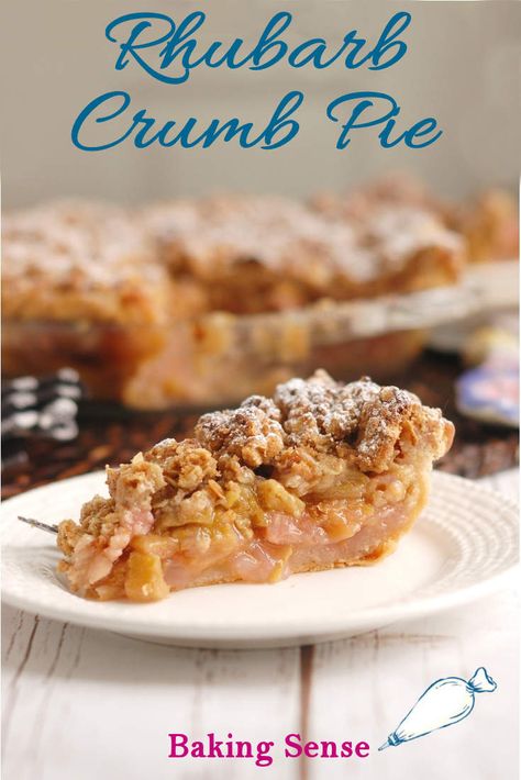 Rhubarb Crumb Pie is bursting with fresh rhubarb. The filling has a tart-sweet flavor and beautiful pink color. The pie is finished with a crumb topping made with brown sugar and oats. #fresh #homemade #from scratch #easy #best #recipe #crumb topping #crumble Rhubarb Crumble Pie, Rhubarb Recipes Pie, Homemade Pie Recipes, Crumb Pie, Fresh Rhubarb, Rhubarb Crumble, Pie Pie, Rhubarb Pie, Pie Crumble