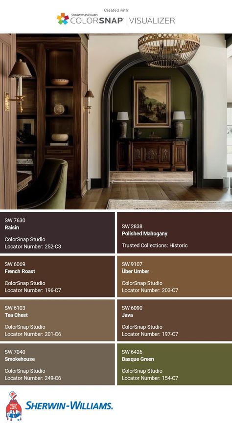 I just created this color palette with the Sherwin-Williams ColorSnap® Visualizer app on my Android phone. What do you think? You can learn more about ColorSnap Visualizer and get it on your phone free by visiting https://www.sherwin-williams.com/content/colorsnap.html. Ralph Lauren Home Paint Color Schemes, Sherwin Williams Dark Academia Colors, Sherwin Williams Moody Palette, Bitter Chocolate Sherwin Williams, Vintage Leather Sherwin Williams, Colorsnap Visualizer Sherwin Williams, Sherwin Williams Dark Academia, Dark Brown Sherwin Williams Paint, Sherwin Williams Dark Auburn