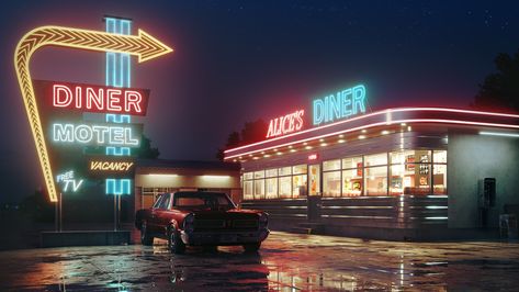 Alice's Diner, Aleksey Krivosheyev on ArtStation at https://www.artstation.com/artwork/lWW9o Retro Diner Drawing, 50s Diner Exterior, 90s Diner Aesthetic, Oasis Springs, Diner Aesthetic, Googie Architecture, American Dinner, 50s Diner, Diner Decor