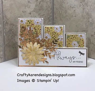 craftykarendesigns: Fun Fold Friday #30 - Ornate Garden Daisy Triple Stepper Card Molde, Cards With Flowers, Ornate Garden, Side Step Card, Stepper Cards, Fancy Fold Card Tutorials, Card Making Templates, Sunflower Cards, Daisy Cards