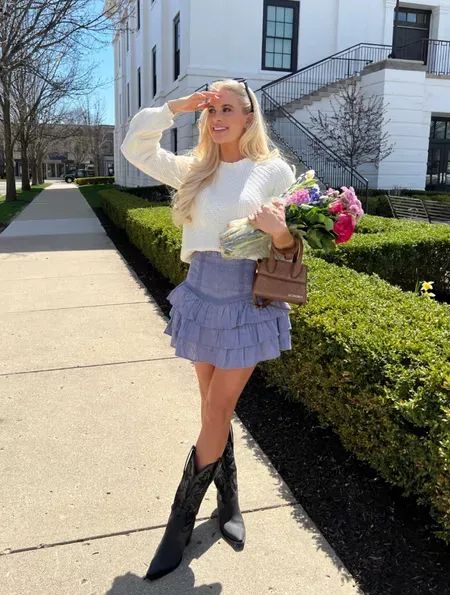 Wearing a small in skirt, sweater sold out (linking similar), boots tts! #kathleenpost #recentlooks #springoutfit Denim Ruffle Skirt Outfit, Tall Boots Outfit, Short Ruffle Skirt, Kathleen Post, Summer Wedding Attire, Skirt Sweater, Pilates Clothes, Ruffled Skirt, Skirt Women