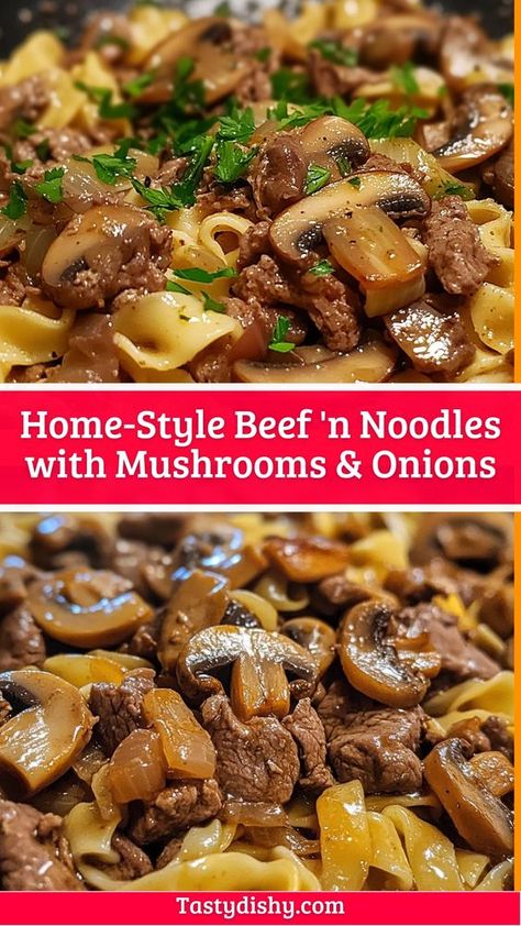 Savor the rich flavors of our Home-Style Beef 'n Noodles with Mushrooms & Onions recipe! This hearty dish combines tender beef, savory mushrooms, and onions to create the ultimate comfort food. Perfect for family dinners, it's easy to make and sure to please everyone at the table. Don’t miss out—save this pin and bring a taste of home to your kitchen today! Beef Mushroom Noodles, Beef And Noodles With Mushrooms, Mushroom Beef Casserole, Beef With Noodles Recipes, Beef With Mushrooms Recipes, Beef Mushroom Recipes, Beef N Noodles, Beef And Mushroom Recipes, Steak And Noodles