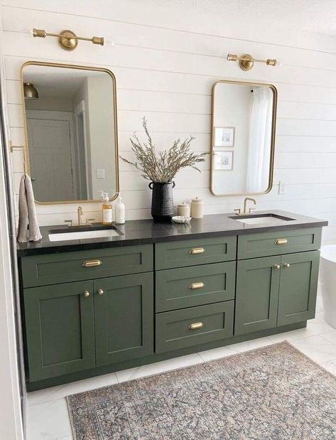 Green Cabinets Bathroom, Clawfoot Tub Ideas, Olive Green Bathrooms, Dark Green Bathrooms, Green Bathroom Vanity, Clawfoot Tubs, Country Cottage Farmhouse, Green Bathroom Decor, Green Vanity