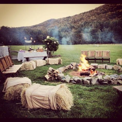 Fire pit and s'more bar Fall Wedding Fire Pit, Fire Pit Wedding Reception, Backyard Wedding Fire Pit, Wedding Smores Bar Fire Pits, Wedding Pig Roast, Pig Roast Wedding Reception, S’more Table, Bonfire Wedding Reception, Fire Pit Wedding