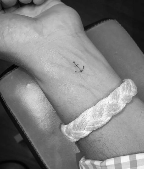 Anchor Micro Tattoo, Anchor Simple Tattoo, Anchor Wrist Tattoo For Men, Simple Marine Tattoos, Small Navy Tattoo, Micro Anchor Tattoo, Small Sailing Tattoo, Tattoo Ideas Female Anchor, Men’s Nautical Tattoos