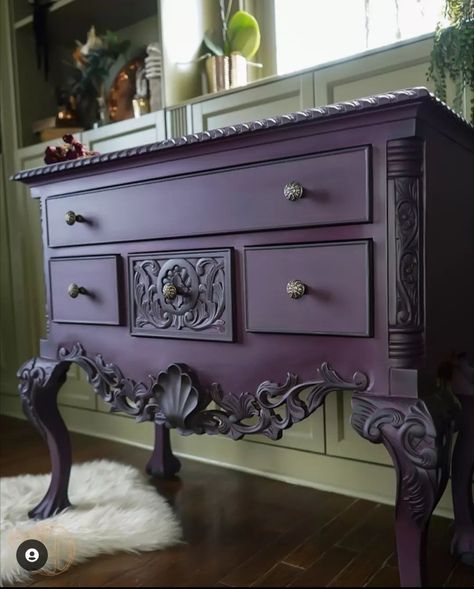 Purple Dresser, Hollywood House, Purple Furniture, Antique Bench, Purple Gothic, Wooden Things, Gothic Bedroom, Gothic Furniture, Goth Home Decor