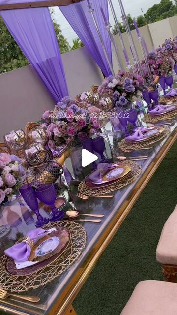 Royal Purple And Pink Wedding, Shades Of Purple Table Decor, Purple White And Gold Wedding Decor, 50 Shades Of Purple Birthday Party, Shades Of Purple Party, Purple Table Settings Wedding, Purple Birthday Party Ideas For Women, Purple Decorations Party, Purple Gold Party Decorations