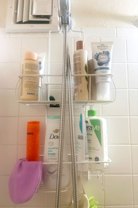 This shower storage solution checked all of my boxes: It's cute, spacious, and doesn't budge. Luxurious Living Room Designs, Shower Storage Solutions, 2024 Living Room, Pinterest Living Room, Luxurious Living Room, Student Budget, Shower Storage, Tiny Studio, Shampoo Bottles