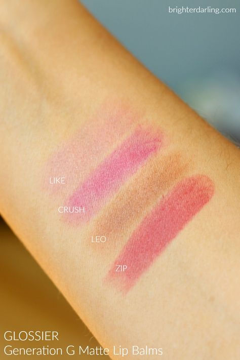 Glossier Generation G Swatches LIKE CRUSH LEO ZIP Glossier Generation G, Glossier Lip, Generation G, Glossier Pink, Far Cry, Lipstick Swatches, Body Electric, Glossy Lips, Lip Balms