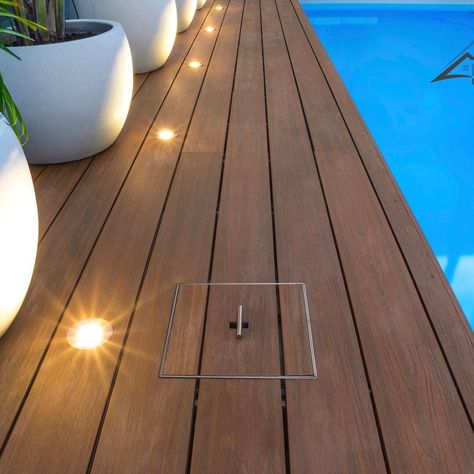 Pool With Wood Around, Composite Pool Deck Ideas, Composite Pool Deck, Composite Decking Around Pool, Pool Wooden Decking Ideas, Pool Deck Wood, Pool Decking, Wooden Deck Around Pool, Wood And Concrete Pool Deck