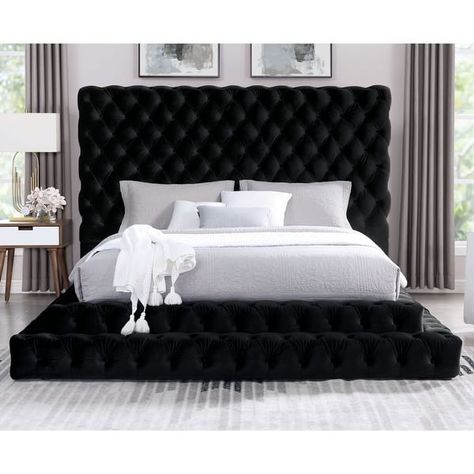 Furniture of America Allenhurst Glam Tufted Fabric Low Profile Platform Bed - On Sale - Bed Bath & Beyond - 35800428 Black Upholstered Bed, Black Platform Bed, Black Queen Bed, King Upholstered Platform Bed, Upholstered Bedroom Set, Tufted Platform Bed, Platform Bedroom Sets, Black Bed, Eastern King Bed