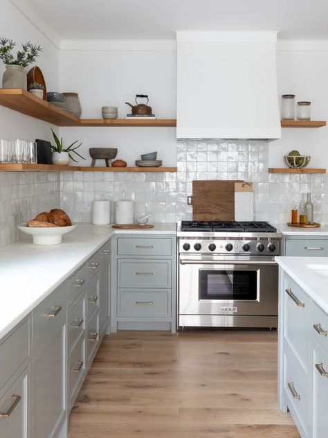 Pennsylvania Avenue | Salt Design Company Kitchen Hood Floating Shelves, Kitchen Vent Hood With Floating Shelves, Floating Shelves With Tile Backsplash, Kitchen Shelves Next To Extractor, Tile Backsplash Open Shelving, Kitchen Shelves Around Hood, Kitchen Hood Open Shelves, Tiled Extractor Hood, Blue Kitchen Black Hardware