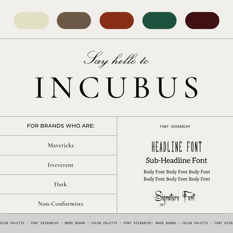 Maverick Archetype, Font Hierarchy, Brand Palette, Business Branding Inspiration, Brand Archetypes, Palette Inspiration, Branding Ideas, Brand Color Palette, Incubus