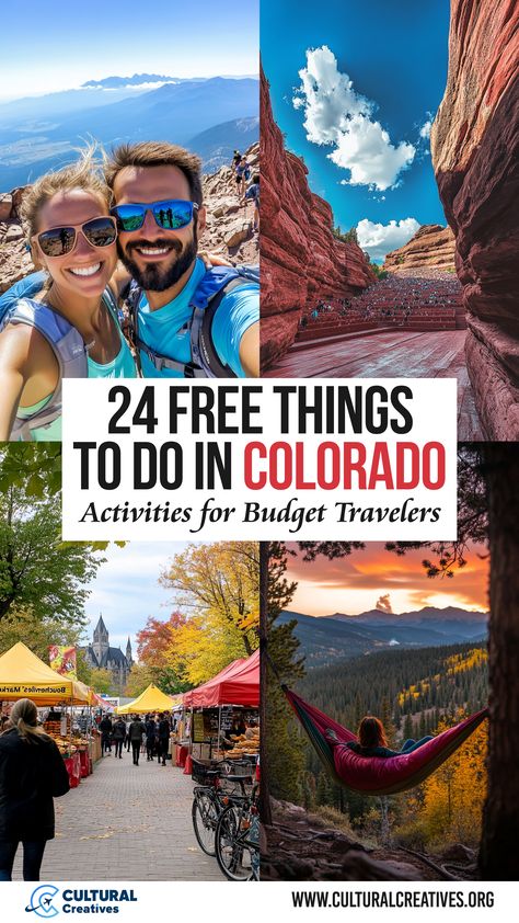 Highlights of Colorado featuring a couple hiking with mountain views, the iconic Red Rocks Amphitheatre, a vibrant outdoor market, and a person relaxing in a hammock at sunset, showcasing activities from 24 Free Things to Do in Colorado Activities for Budget Travelers. Colorado Garden Of The Gods, Pueblo Colorado Things To Do In, Colorado Road Trip With Kids, Northern Colorado Things To Do, Things To Do In Colorado Springs, Denver Colorado Things To Do, Colorado In Spring, Colorado In May, Denver Bucket List