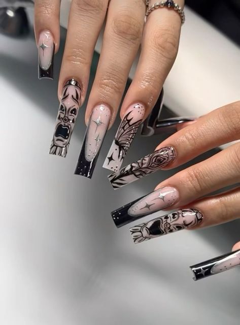 Gory Nails, Nail Summer, Halloween Acrylic Nails, Punk Nails, Stylish Nails Designs, Grunge Nails, Glow Nails, Acrylic Nails Coffin Pink, Long Square Acrylic Nails