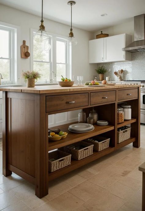 26 Genius Kitchen Island Ideas: Style and Functionality 27 Kitchen Island With Open Shelves On One Side, Moving Kitchen Island With Seating, Diy Kitchen Island Cart, Stock Cabinet Island, Island Diy Kitchen, Kitchen Island Ideas Storage, Mobile Kitchen Island Ideas, Small Kitchen Island Design, Kitchen Island Using Stock Cabinets