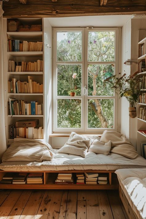 Home Office Reading Room, Home Library Bedroom, Library Home Ideas, Save Space Ideas, Library In Bedroom, Tiny House Library, Library Ideas For Home, Reading Space Ideas, Book Shelves Ideas