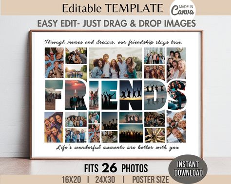 Editable 26-Photo FRIENDS Collage TEMPLATE Custom DIY Printable Friendship /Birthday Gift Personalized Appreciation Poster 8x10/16x20 Print by ARTPIXSEMBLE on Etsy Birthday Photo Frame Collage, Collage Layout Ideas, Photo Collage Layout, Friendship Printables, Collage Layout, Collage Photo Frame Design, Friends Collage, Friendship Birthday, Photo Frame Design