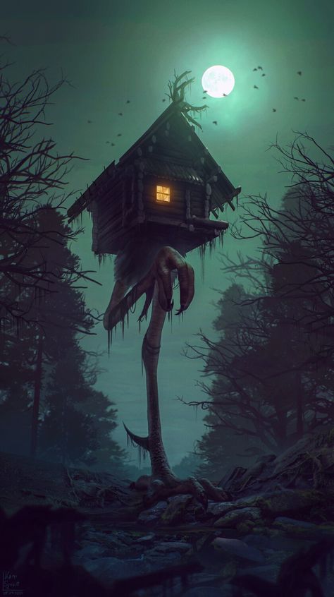 The Woods At Night, Woods At Night, Baba Yaga House, Witch Hut, Baba Jaga, Baba Yaga, Fantasy Places, Witch House, Arte Fantasy