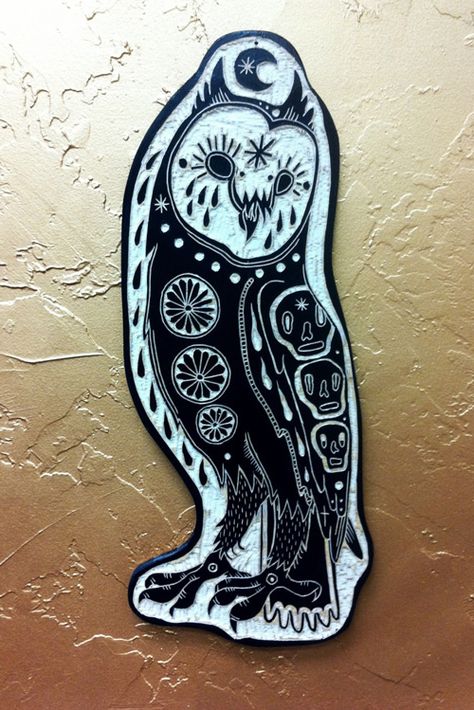 My Owl Barn: Tattoo Inspired Wood Carvings Bryn Perrott, Barn Owl Tattoo, Woodcut Art, Linoleum Print, Linocut Printmaking, Lino Art, Relief Printing, Linocut Art, Printmaking Art