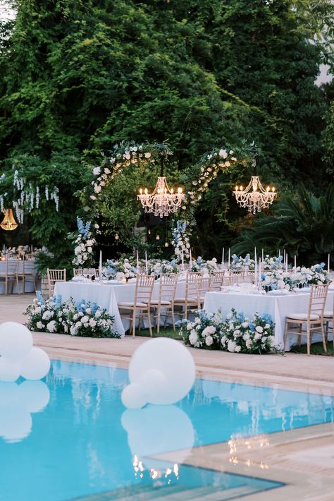 Corfu Wedding Poolside Pool Side Engagement Decor, Pool Backyard Wedding, Backyard Wedding Pool Decor, Pool Reception Wedding, Backyard Wedding Vibes, Pool Wedding Reception, Pool Side Wedding, Poolside Wedding Ceremony, Brunch Wedding Ideas