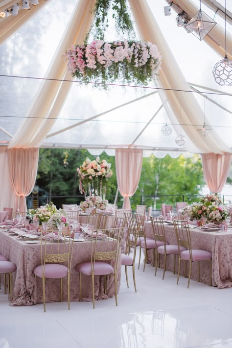 Lake Arrowhead-  Tent — Crown Weddings & Events Big Tent Wedding, Wedding Expensive, Pink Tent Party, Pink Dance Floor Wedding, Wedding Venues Light Pink, Lake Wedding Reception, Light Pink Tent, Big White Wedding Tents, Quince Party