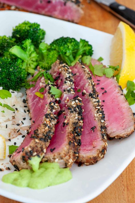 This seared tuna steak recipe is all you will need for perfectly seared sesame crusted tuna. This tuna steak only takes minutes to sear for perfectly done ahi tuna steaks. Tuna Filet Recipes, Fresh Tuna Steak Recipes, Tuna Steak Dinner, Cooking Ahi Tuna, Seared Tuna Steak, Grilled Tuna Steaks Recipes, Seared Ahi Tuna Recipe, Seared Tuna Recipe, Fresh Tuna Recipes