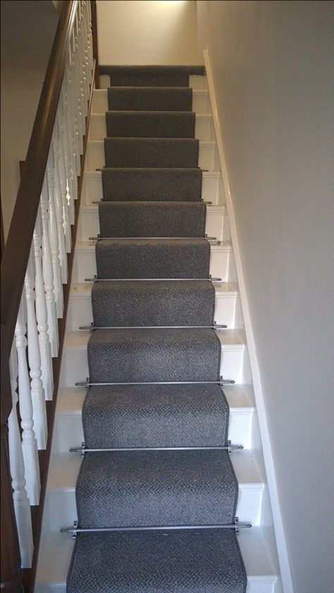 Grey stair runner Stair Runner Carpet Grey, Grey Stairs With Runner, Grey Stair Runner, Grey Stairs, Welcoming Hallway, Grey Carpet Runner, Grey Stair Carpet, Gray Stair Runner, Cloakroom Ideas