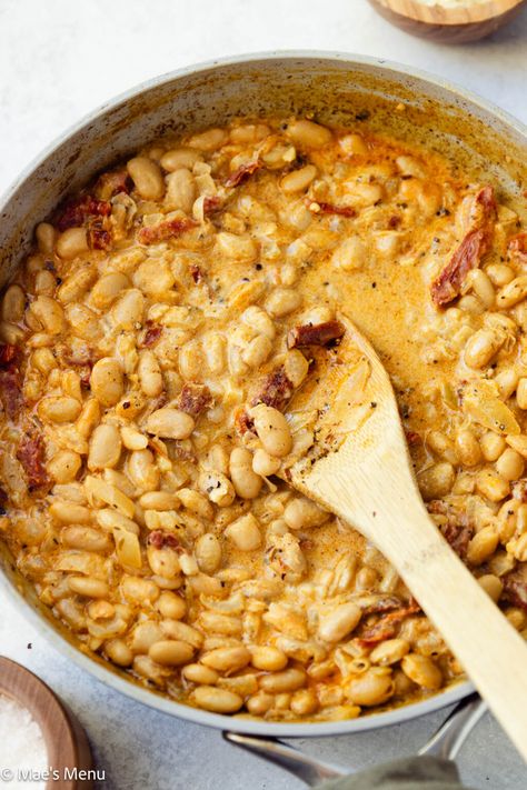 Creamy Tuscan White Bean Skillet (Marry Me Beans) - Mae's Menu Sundried Tomato Cream Sauce, White Bean Skillet, Recipes With Kidney Beans, Tuscan White Bean, Vegetarian Main Dish, Secret Kitchen, Tomato Cream Sauce, Pork Soup, Pork N Beans