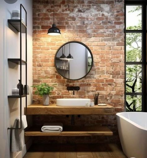 Exposed Brick Bathroom, Brick Bathroom, Industrial Bathroom Design, Brick Interior, Industrial Home Design, Industrial Bathroom, Industrial Interior Design, Rustic Bathroom Decor, Modern Landscape