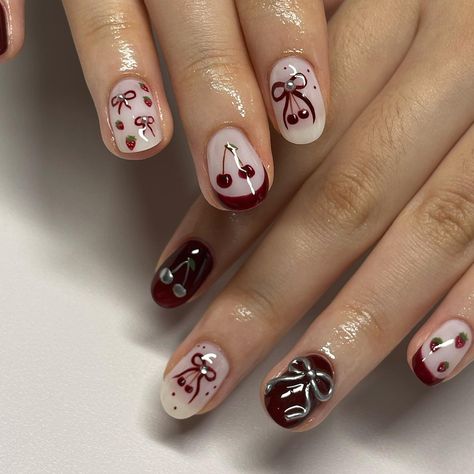 Ribbon 🎀 cherry 🍒 and strawberry 🍓 set Halloween Cherry Nails, Art With Ribbons, Nail Inspo Cherry Red, Red Nails With Ribbon, Short Almond Nails Edgy, Cute Short Nail Design Ideas, Cute Short Nail Designs Fall, Waitress Nails, Cherry Short Nails