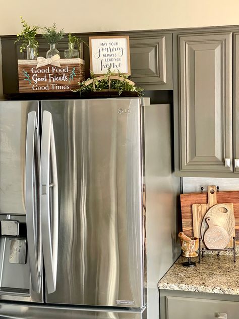 Decor Top Of Refrigerator, Tops Of Fridge Decor, Top Of Fridge Decor Ideas Boho, On Top Of Refrigerator Ideas, On Top Fridge Decor, Decorate Top Of Fridge Farmhouse, Decor Top Of Fridge, On Top Of Refrigerator Decor, Top Of Fridge Decor Ideas Farmhouse