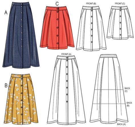 Sewing Pattern: Create a versatile A-line skirt with a buttoned front, offering mini, midi, and maxi length options. The skirt features soft pleats on both the front and back, along with convenient slash pockets and a waistband. Front Button Skirt Pattern, Sewing Patterns Maxi Skirt, Button Up Midi Skirt Pattern, Plus Size Sewing Patterns Free Dress Maxi Skirts, Free Skirt Sewing Patterns For Beginners, Maxi Skirt Patterns Sewing Free, Summer Skirt Pattern Free, Swirl Skirt Pattern Free, Modest Skirt Patterns