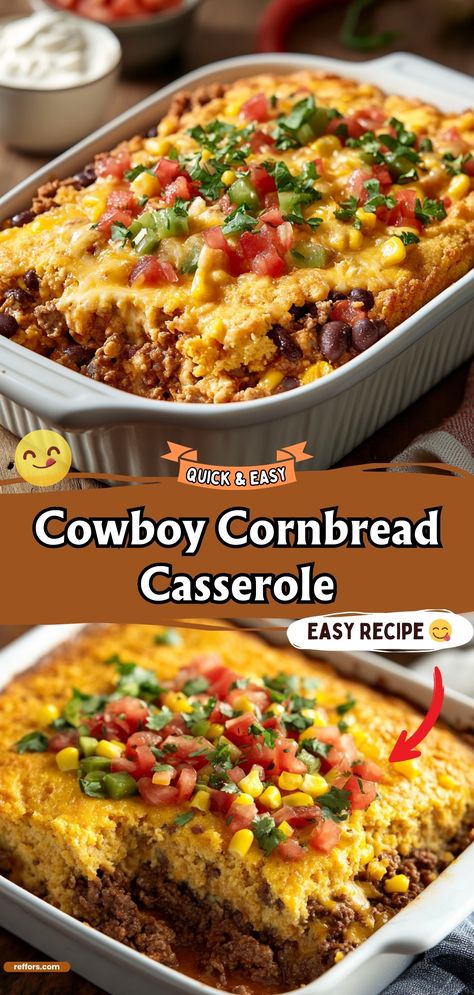 Saddle up for a hearty meal with this Cowboy Cornbread Casserole. Layers of cornbread, ground beef, and beans come together in a dish that's perfect for feeding a crowd. #CornbreadCasserole #HeartyMeal #CowboyCooking Ultimate Cornbread Casserole, Cornbread Main Dish, Layered Cornbread Casserole, Chili Dog Cornbread Casserole, Cornbread Sausage Casserole, Taco Cowboy Casserole, Cowboy Cornbread Casserole Crockpot, Chili With Cornbread On Top, Cornbread Recipe Casserole