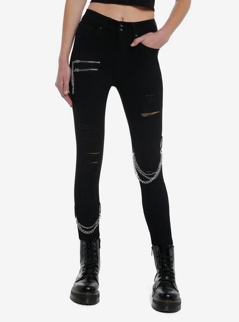 Black Zipper Chain Destructed Super Skinny Jeans | Hot Topic Goth Grunge Outfits, Make Your Outfit, Hoodie Girl, Grunge Outfits, Hot Topic, Stretchy Material, Black Jeans, Make Your, Zipper