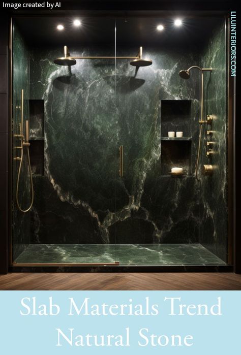 According to Lilu - Slab Material in Showers Trend #interiordesign #homedesign #custom #bathroom #stone Emerald Marble Bathroom, Quartz Bathroom Walls, Green Marble Tiles Bathroom, Green Marble Shower Walls, Dark Green Marble Bathroom, Granite Slab Shower Wall, Shower Slab Wall, Emerald Bathroom Ideas, Emerald Green Shower Tile