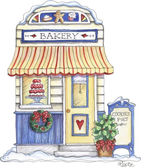 Bakery (Laurie Furnell) Village Drawing, Xmas Village, Building Drawing, Building Illustration, Shop Illustration, Architecture Drawing Art, House Illustration, Cat Air, 수채화 그림