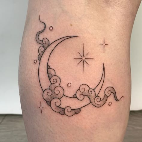 Funky Moon Tattoo, Dog On Moon Tattoo, Moon Tattoo Traditional, Tattoo Colorful, Luna Tattoo, Reborn Anime, Small Moon Tattoos, Celestial Tattoo, Native Tattoos