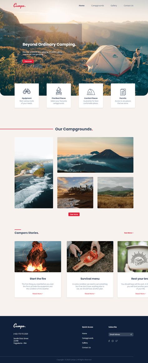 Camping landing page exploration on Behance Camp Website, Website Landing Page, Design Camp, Mobile Friendly Website, Webdesign Inspiration, Minimalist Layout, Web Layout Design, Travel Website, Website Designs