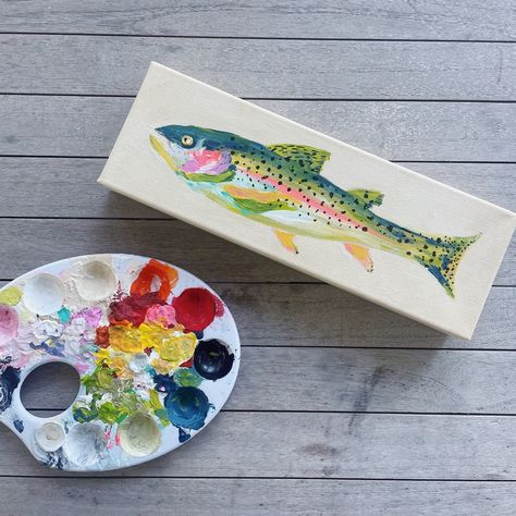 Super fun commission! Rainbow trout on canvas 🐠 4x12” Rainbow Trout Painting, Trout Painting, Trout Art, Painted Rainbow, Rainbow Trout, Art Projects, Original Artwork, Art Design, Canvas