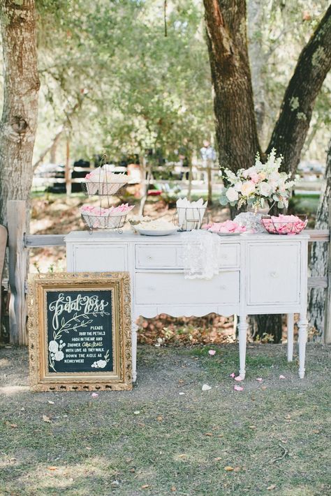 Wedding Flower Petal Bar, Vintage Dresser Flower Toss Wedding Exit, Petal Toss Wedding, Outdoor Wedding Seating, Creative Wedding Sign, Unique Wedding Ceremony Ideas, Confetti Bars, Petal Toss, Wedding Ceremony Inspiration, Wedding Petals