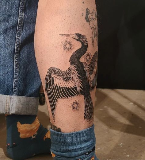 Random Object Tattoo, Anhinga Tattoo, Anthropology Tattoo, Linocut Tattoo, Fossil Tattoo, Leg Tattoo Placements, Loon Tattoo, Funky Tattoos, Sick Tattoo