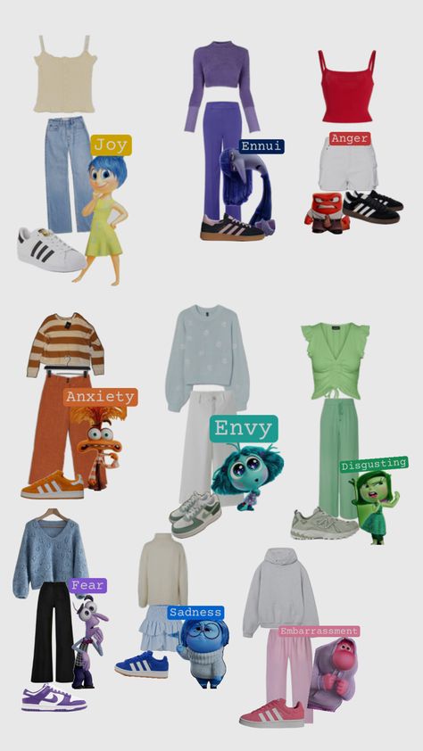 Inside Out Spirit Week, Disney Vs Pixar Spirit Week, Inside Out 2 Inspired Outfits, Inside Out 2 Costumes Group, Embarrassment Inside Out Outfit, Inside Out Inspired Outfits, Inside Out Outfit Ideas, Inside Out Halloween Costume, Work Group Halloween Costumes