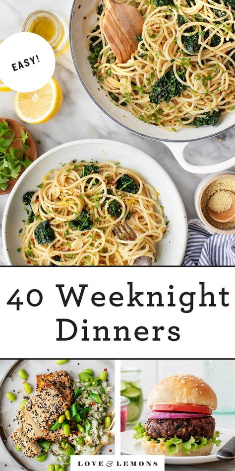 These quick and easy weeknight dinners are healthy and delicious. They include tasty tacos, pastas, stir fries, and more. The whole family will love them! | Love and Lemons #dinnerideas #easy #healthy #dinner Lemons Recipes, Creamy Vegan Pasta, Easy Baked Ziti, Healthy Weeknight Dinners, Weeknight Dinner Recipes Easy, Cooking Dishes, Vegetarian Dinners, Dinner Appetizers, Weeknight Dinner Recipe