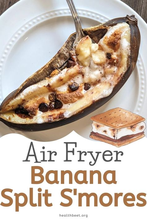 This delicious, low calorie, healthy dessert combines the tastiness of campfire S'mores, with the convenience of your air fryer, all wrapped up in a creamy, chocolatey, marshmallowy banana! Banana Smores Oven, Air Fryer Banana Dessert, Air Fryer Fruit Dessert Recipes, Low Calorie Smores Desserts, Air Fryer Banana Split, Paleo Air Fryer Dessert, Banana Marshmallow Desserts, Healthy Smores Dessert, Low Calorie Air Fryer Desserts