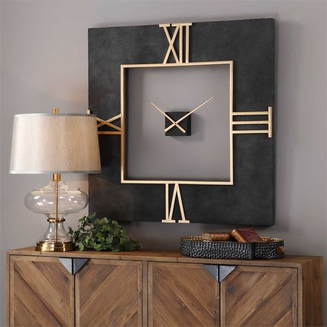 at 40 " square this fabulous clock is a popular release from the Uttermost Co. On Sale At Clocks Around The World Big Wall Clocks, Square Clocks, Black Concrete, Pendulum Wall Clock, Oversized Wall Clock, Wall Clock Design, Square Wall Clock, Large Wall Clock, Clock Decor